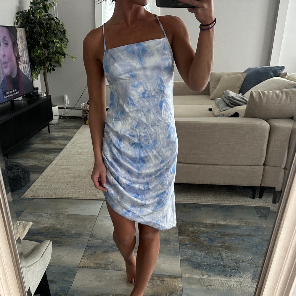 Blue and White Tie-Dye Asymmetric Dress